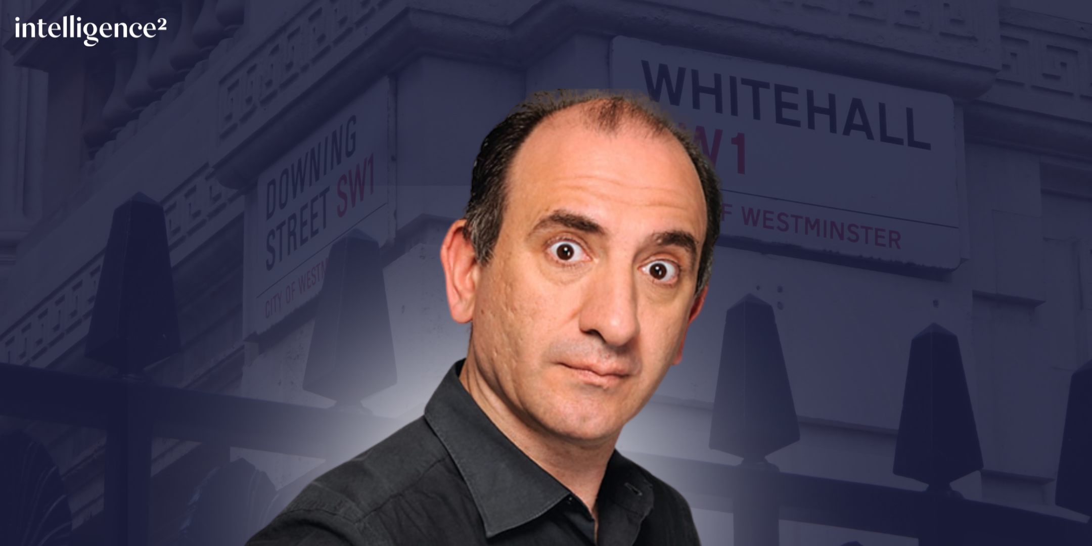 A person with a surprised expression in front of blurred street signs for Downing Street and Whitehall. The tone is comedic and inquisitive.