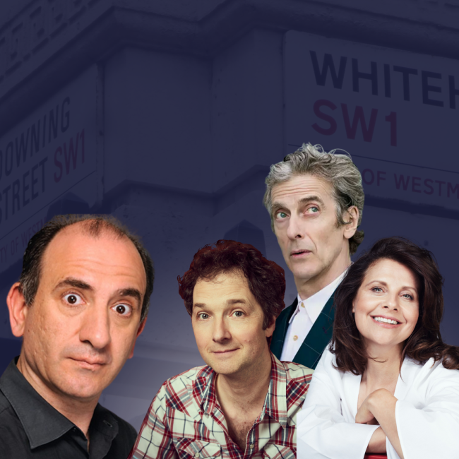 Four people are in front of a blurred background featuring "Downing Street" and "Whitehall" signs. They appear animated and expressive.