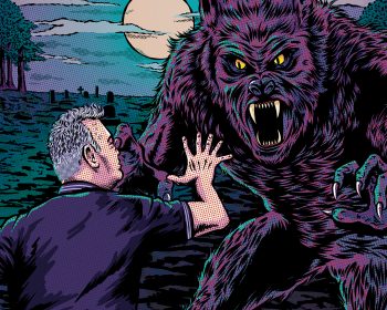 A man facing a towering werewolf with bared fangs and glowing eyes against a full moonlit sky. The scene evokes suspense and fear in a graveyard setting.