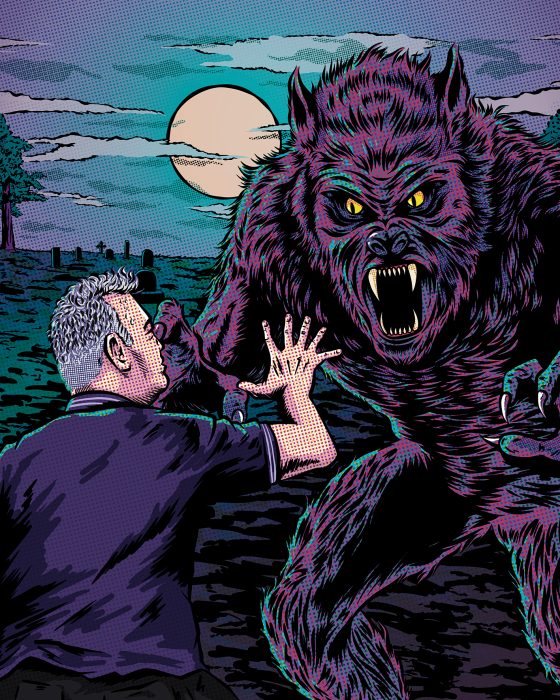 A man facing a towering werewolf with bared fangs and glowing eyes against a full moonlit sky. The scene evokes suspense and fear in a graveyard setting.