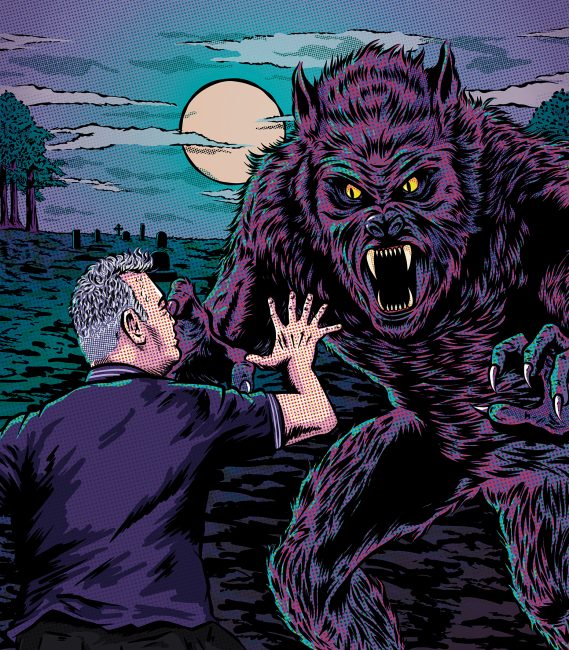 A man facing a towering werewolf with bared fangs and glowing eyes against a full moonlit sky. The scene evokes suspense and fear in a graveyard setting.