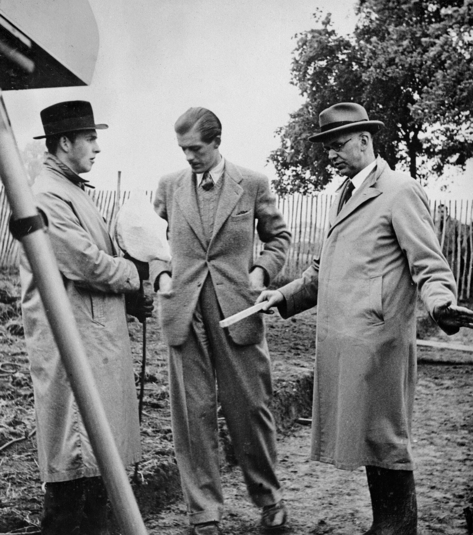 Gardening outside broadcast BBC Leslie Mitchell with Mr CH Middleton and the contractor Mr Moss at Alexandra Palace (1936)